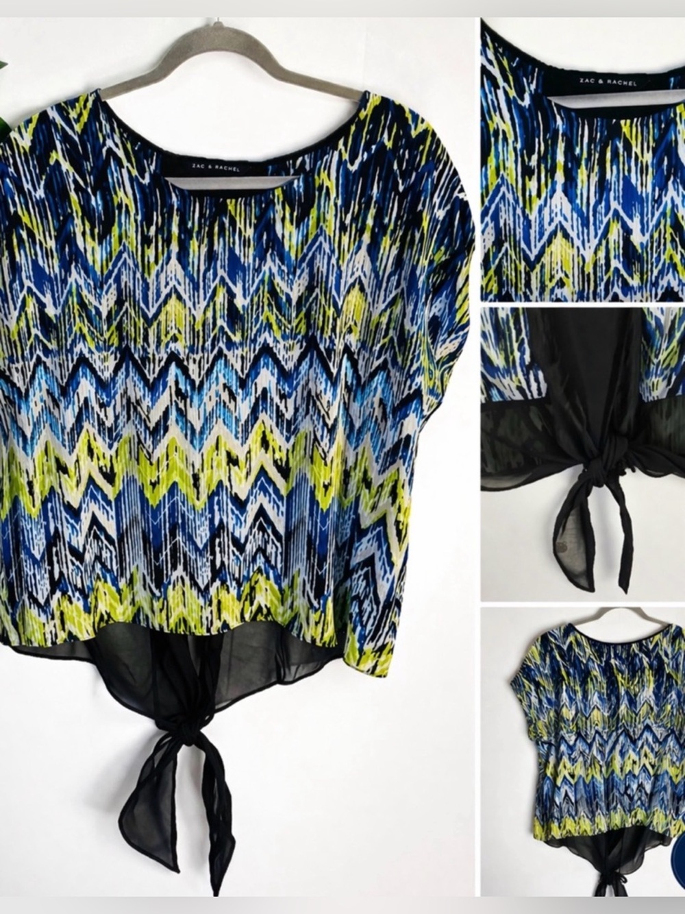 Zac & Rachel Chevron Print Blouse Large | Tie Front | Flowy Top